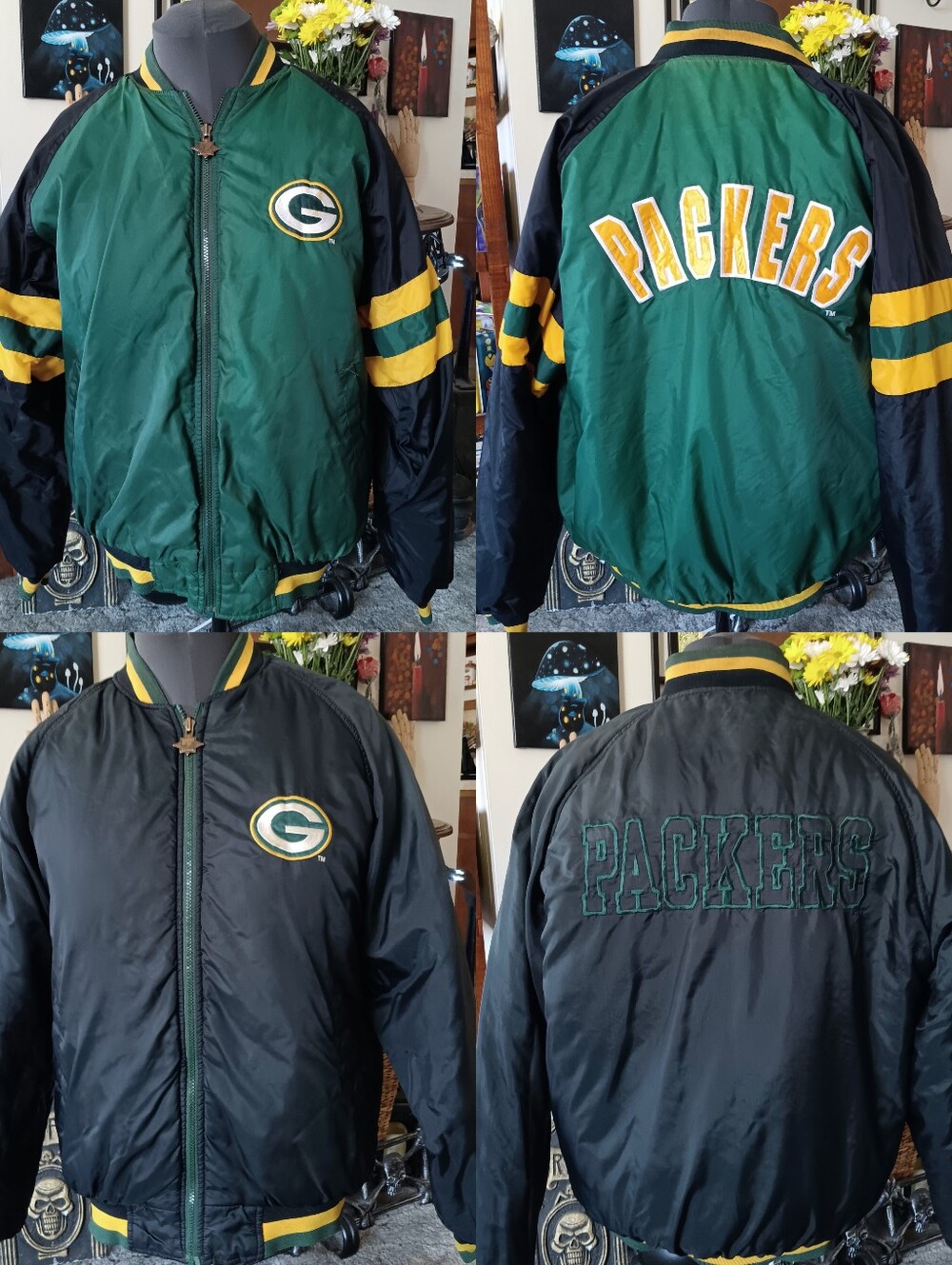 💚💛 Vintage Green Bay Packers Jerzees Reversible Jacket Nylon Mens Large NFL L